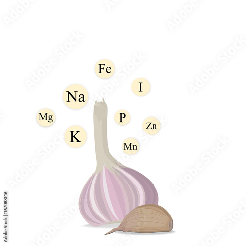 A head and a clove of garlic with vitamins. Isolated object