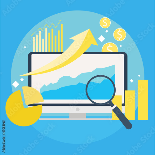Website traffic growth banner.  Computer with diagrams, growth charts. Magnifying glass