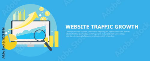 Website traffic growth banner.  Computer with diagrams, growth charts. Magnifying glass