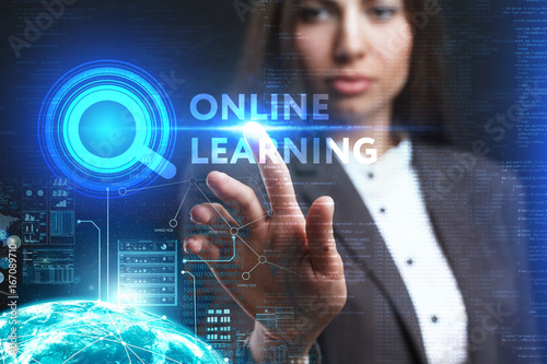 The concept of business, technology, the Internet and the network. A young entrepreneur working on a virtual screen of the future and sees the inscription: Online learning