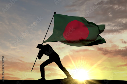 Bangladesh flag being pushed into the ground by a male silhouette. 3D Rendering