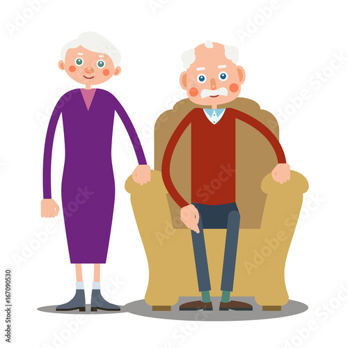 Sitting old man and old woman stand together