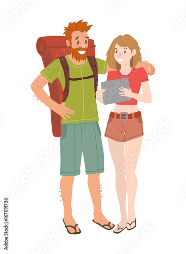 Young woman and man, couple of backpackers, hitchhikers, travelers, pretty girl and hipster man with backpack, travelling together, cartoon illustration.