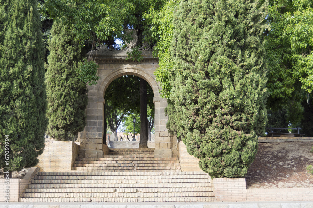 Arch of triumph, entrance gate to the Alameda vieja in Jerez de la Frontera, photo taken on August 7, 2017.
