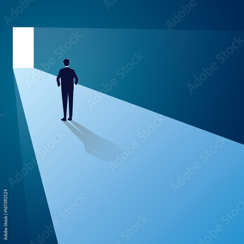 Challenge Concept. Businessman Standing in Front of Future Gate