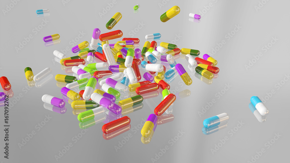 3D rendering multicolored medical pills falling from top to bottom 3D rendering multicolored medical pills falling from top to bottom