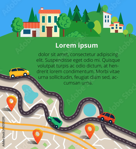 Top view city map with winding roads. Street Map with navigation icons. Navigation concept. Vector illustration can used for web banner and info graphic.