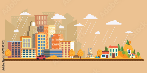 Autumn landscape in a cloudy day.Vector illustration in flat style, urban landscape with large skyline with private houses on a background hills. Asphalt road with cars.Leaf fall with rain