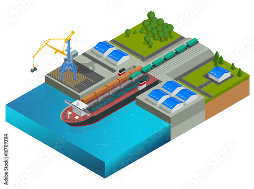 Isometric railway dock, a ferry carrying train wagons. Train on the ferry. Transportation of large loads by sea. Global logistics network. Vector ferryboat