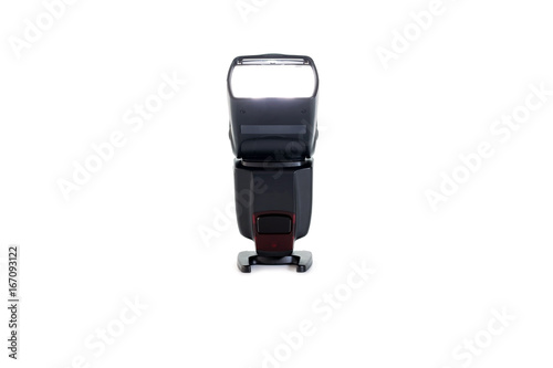 Closeup camera flash is a photo accessories isolated on white background.