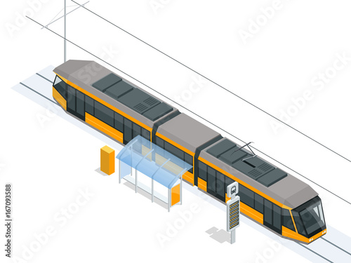 Tram on the stop. Tram stop isometric icon set vector graphic illustration. Vector city Subway train collection. Vehicles designed to carry large numbers of passengers.