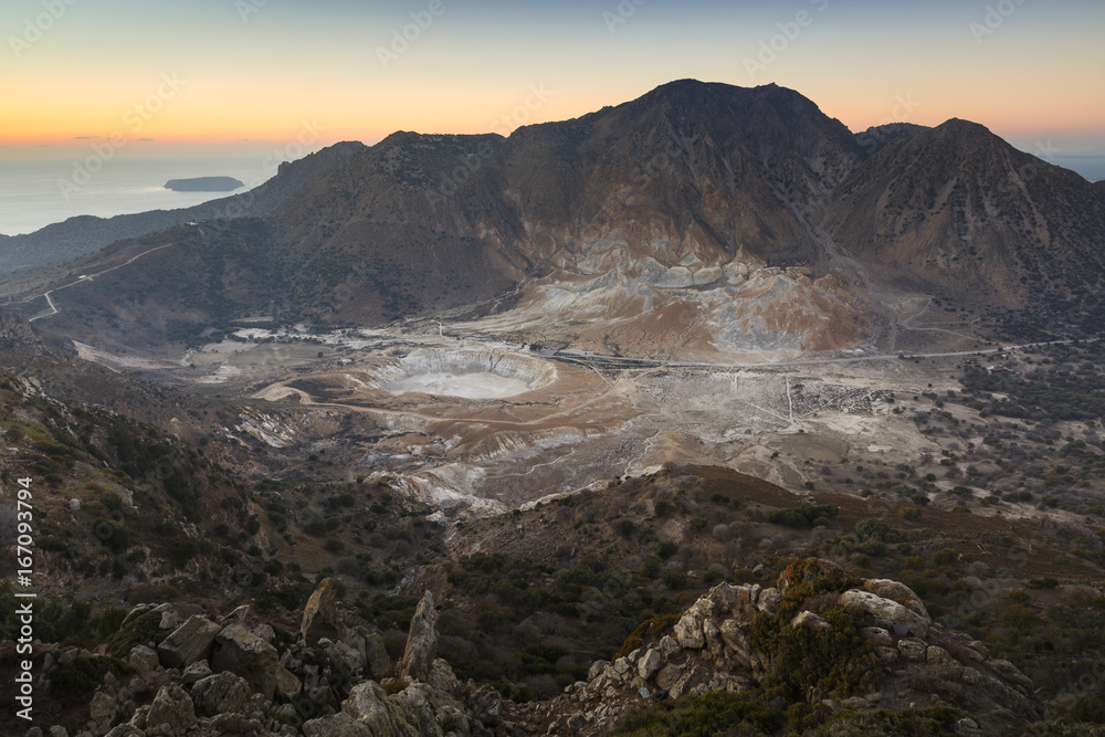 View of the volcano crater from Nikia village on Nisyros island in Dodecanese island group, Greece.

