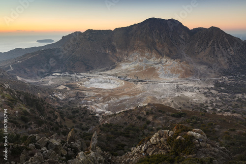 View of the volcano crater from Nikia village on Nisyros island in Dodecanese island group, Greece.