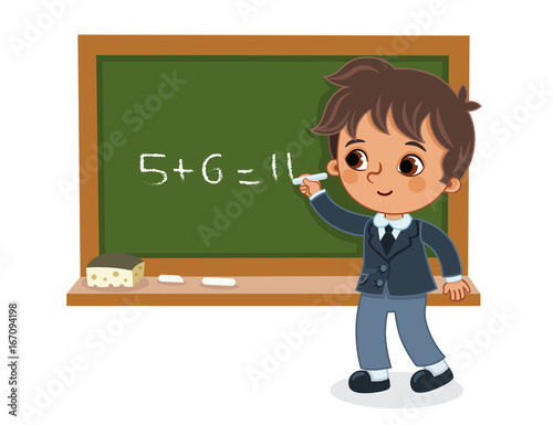 Schoolboy writing on the blackboard. (Vector illustration)