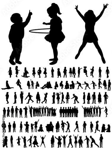 Set of silhouettes of children playing, childhood, vector