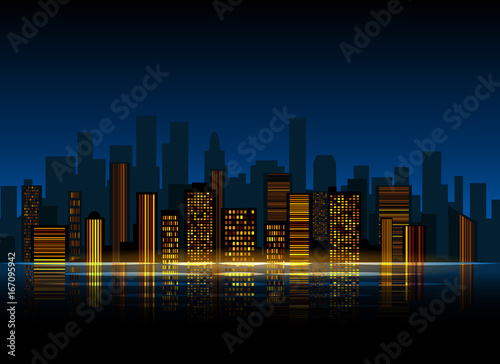 Night city background. Urban town streets skyline. Cityscape vector silhouettes