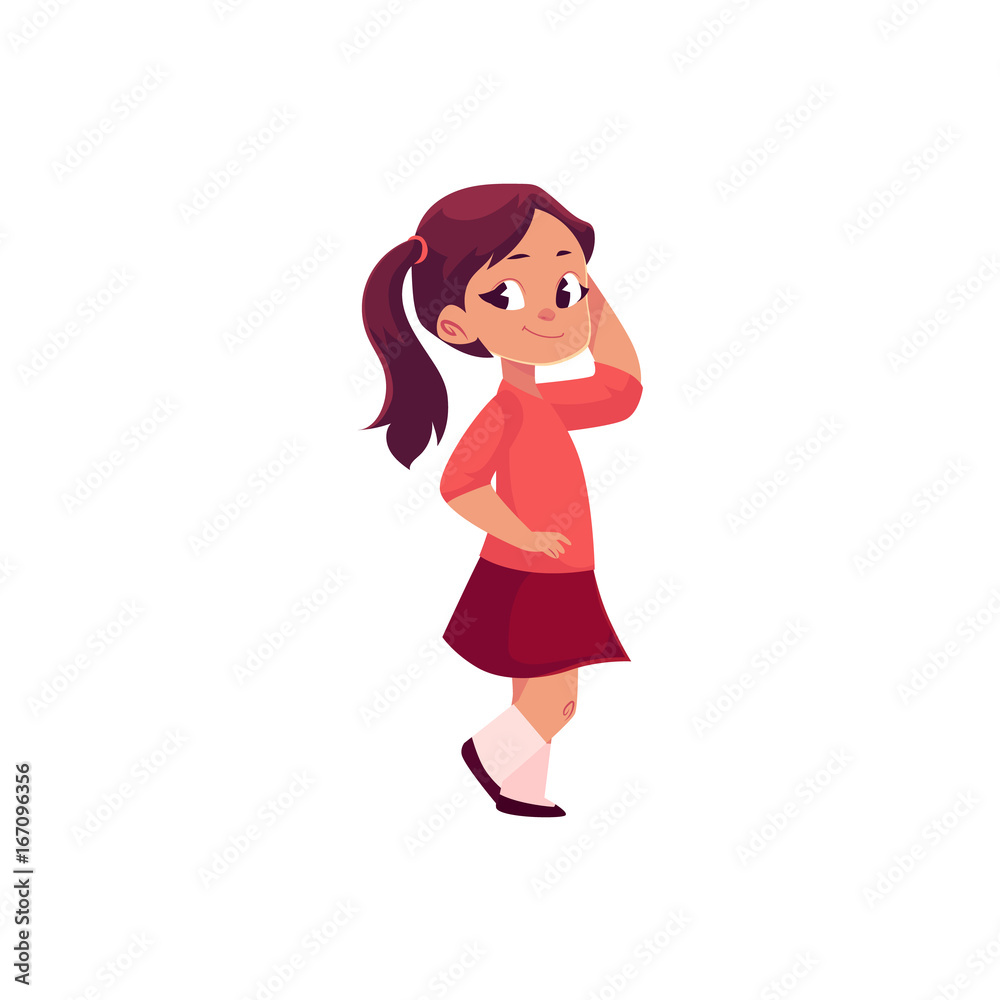 Full length portrait of half turned adorable little girl with ponytails, cartoon vector illustration isolated on white background. Cartoon little girl standing half turned, full length portrait
