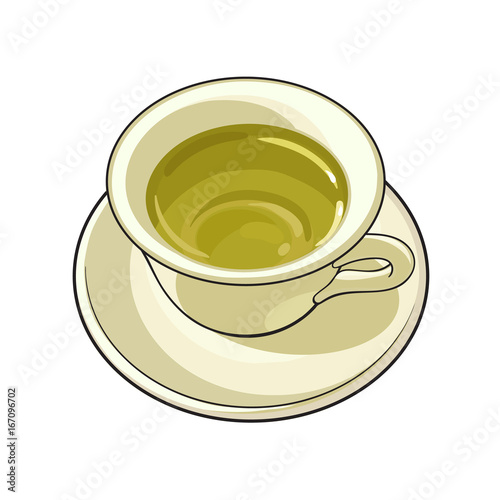 China, porcelain cup of green tea drink, sketch vector illustration isolated on white background. Hand drawn green tea drink in porcelain, china cup and saucer