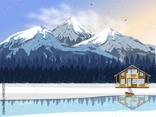 Winter landscape. A wooden house by the river with a boat. High snow-capped mountains and forest on the horizon. Vector illustration for winter holidays.