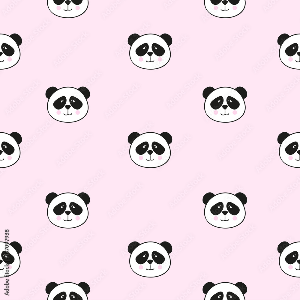 Fototapeta premium Seamless pattern with cute pandas on pink. Vector repeating background for kids.