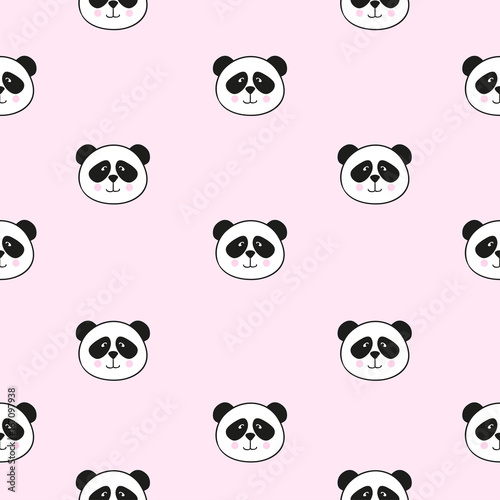 Seamless pattern with cute pandas on pink. Vector repeating background for kids.