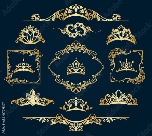 Victorian style golden decor elements. Filigree vector royal motif gold design calligraphic ornament items isolated on blue background