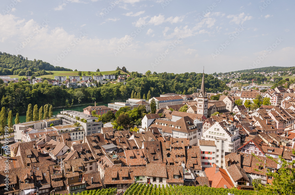 Naklejka premium Schaffhausen, Stadt, Altstadt, Münster, Münsterkirche, Kirche, Weinberg, Festung, Altstadthäuser, Rhein, Sommer, Schweiz
