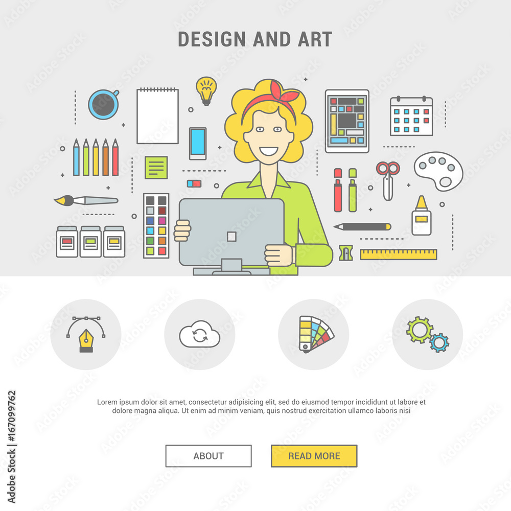 Flat design vector illustration of lineart, designer workplace. Designer woman with graphic tablet and accessories. Minimalist style and color for Web and Mobile App