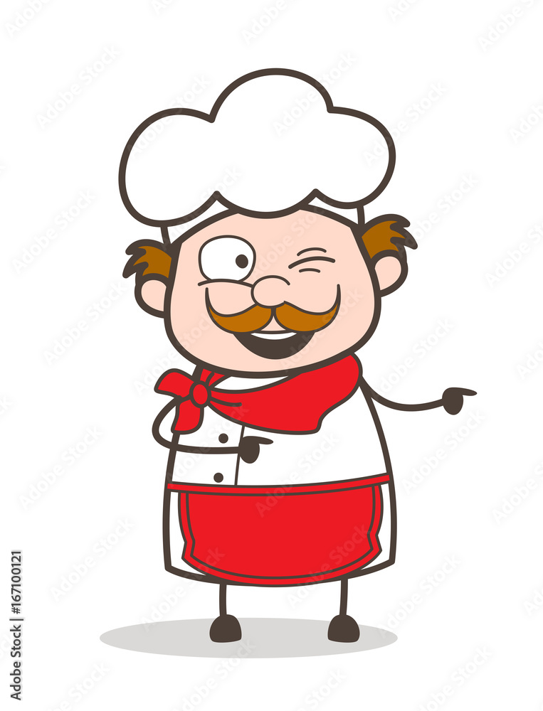 Cartoon Chef Winking Eye Face and Pointing Vector Concept Cartoon Chef Winking Eye Face and Pointing Vector Concept