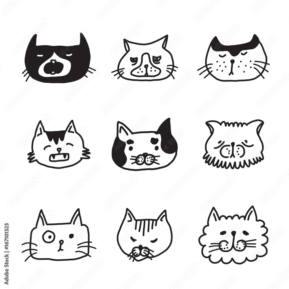 Fototapeta premium Head cats doodle set.