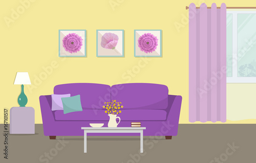 Living room in a yellow and purple colors. There is a sofa with pillows  a table with flowers  a lamp and other objects in the image. There are also pictures in frames on the wall. Vector illustration