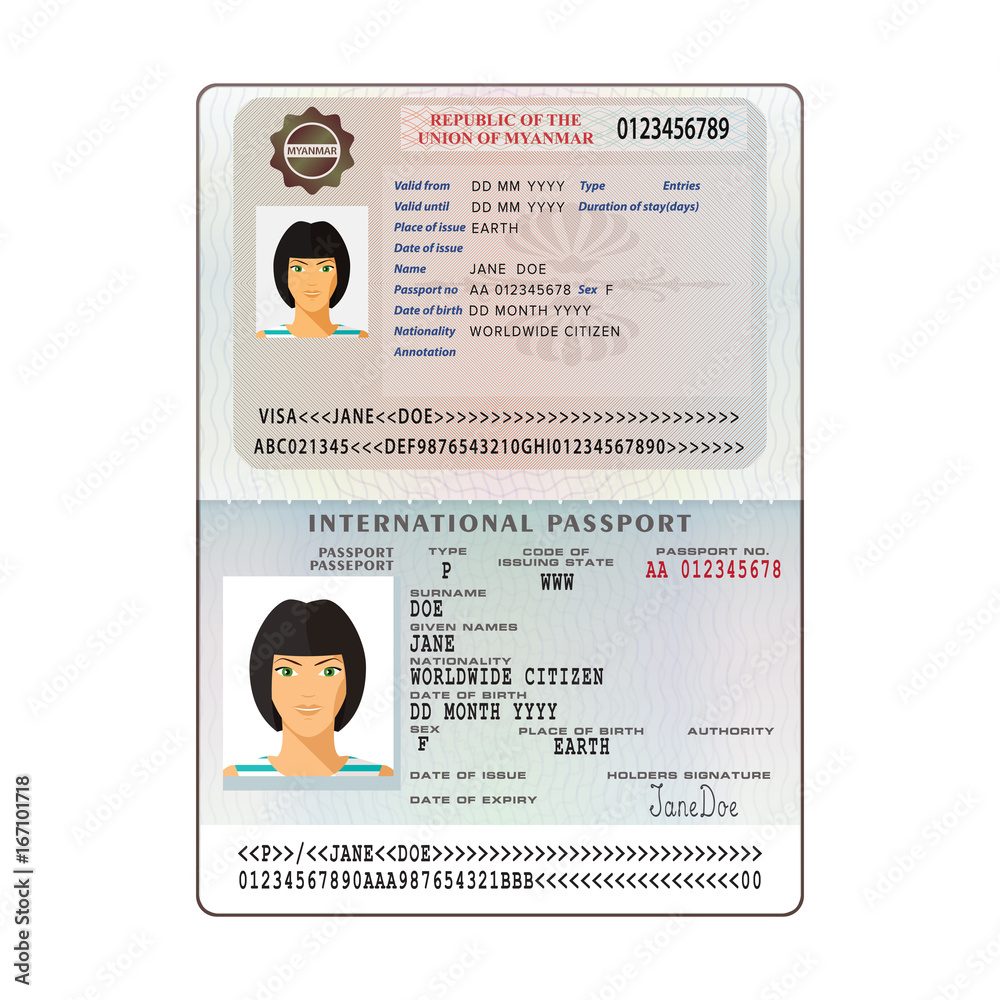 Open Myanmar International Passport Visa Sticker Template In Flat Style Vector EPS10 Stock