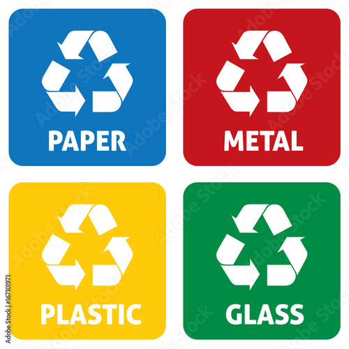Illustration icons recycling symbols of various materials. Ideal for catalogs, information and recycling guides.