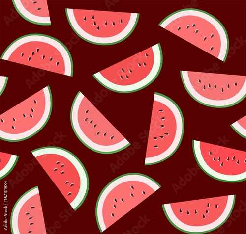 Fototapeta Naklejka Na Ścianę i Meble -  Watermelon, background, seamless, colorful, vector. Ripe slices of watermelon on a dark Burgundy background. Vector seamless pattern. 