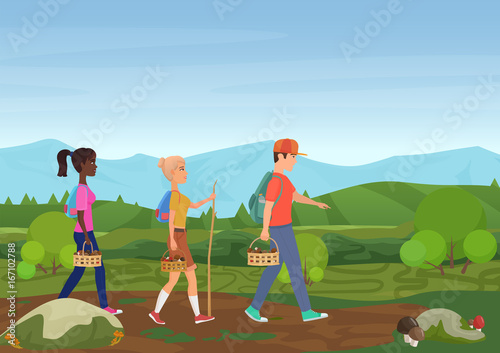 Vector illustration of happy friends walking in nature and picking the mushrooms.