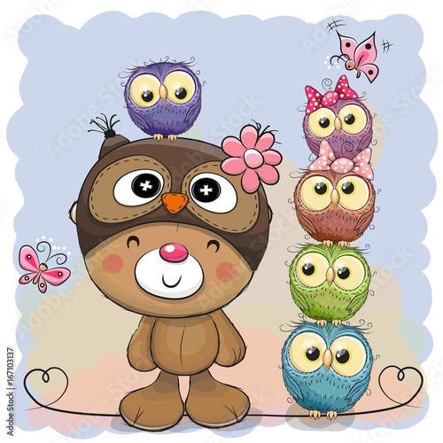 Cute Cartoon Teddy Bear and five Owls