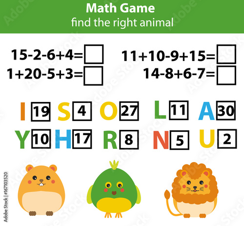 Words puzzle children educational game with mathematics equations. Counting and letters game. Learning numbers and vocabulary