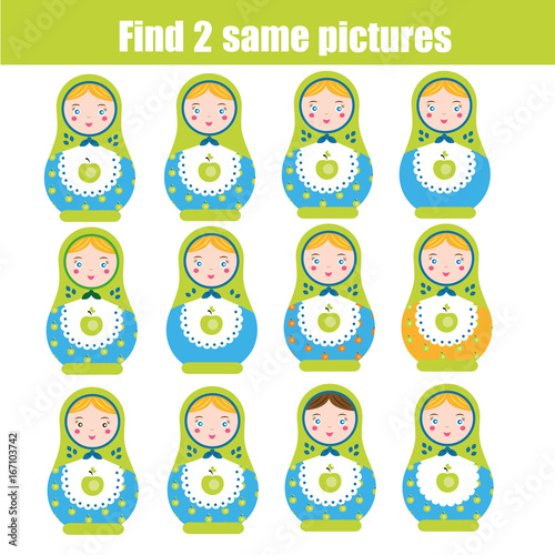 Find the same pictures children educational game. Find pair of matreshka dolls