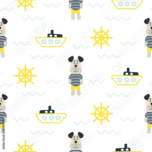 Tapety Piżamy chłopiec wzór z tilda żeglarza psa bezszwowym wektorem. Śliczne dziecko w stylu tkaniny tekstylne kreskówka morskim niebieskim i żółtym tle na pościel, ubrania i rzeczy dla dzieci.