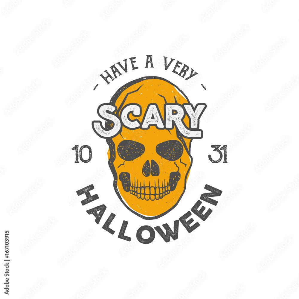 Halloween party label template with skull and typography elements. Stock Vector illustration text with retro grunge effect. Stamp for scary holiday celebration. Print on t shirt, tee design, apparel