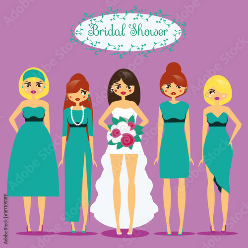 Bride with Bridesmaids. Woman in fashionable dresses. Bridal shower, hen party vector illustration