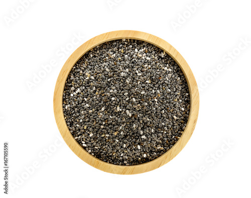 Sesame in wooden bowl, isolated on white background