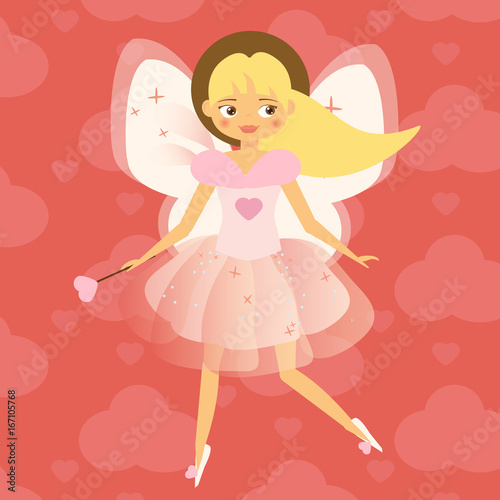 Beautiful Cupid girl with wings in pink. Flying fairy in pink dress. Valentines day, romantic character. Vector illustration