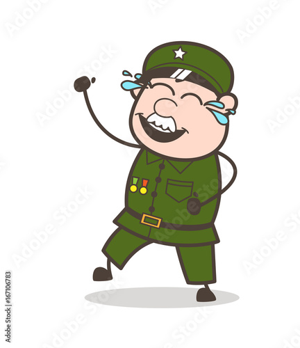 Cartoon Funny Sergeant Laughing with Joy of Tears Vector Illustration