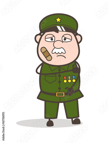 Cartoon Sergeant Injured Face with Bandage Vector Illustration