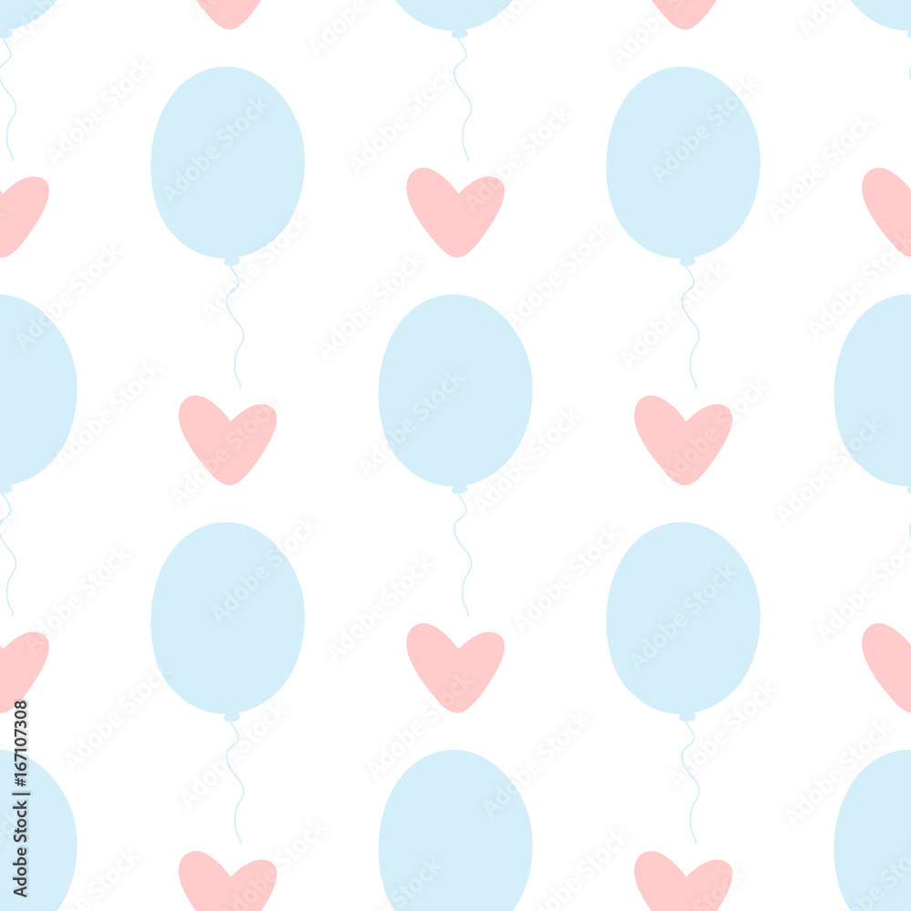 Repeated balloons and hearts. Cute seamless pattern for girls. Pastel. Blue, pink, white.