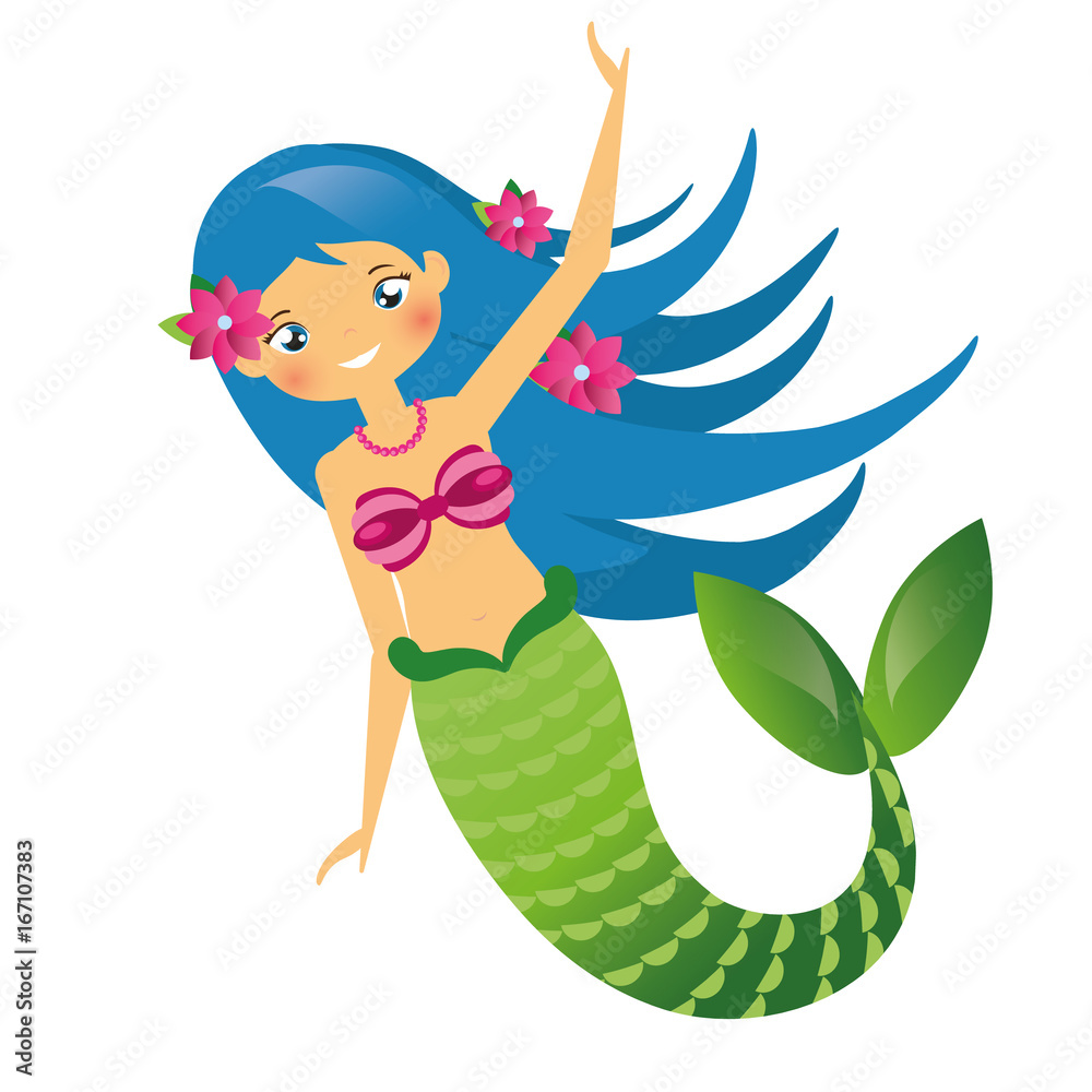 Cute Mermaid Character In Cartoon Style Blue Haired Undine Vector Illustration Stock Vector 7632