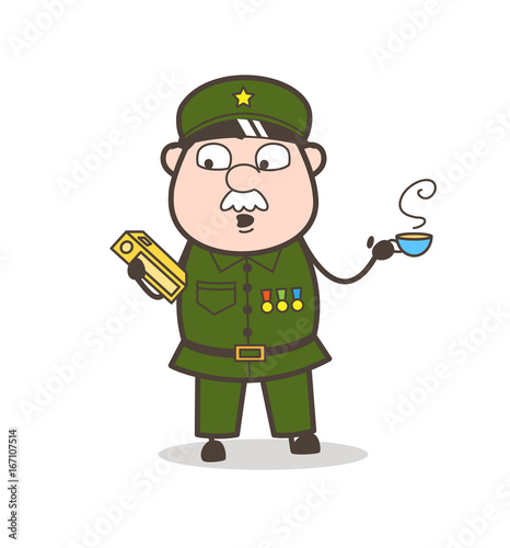 Cartoon Sergeant Holding a Book and Hot Coffee Vector Illustration