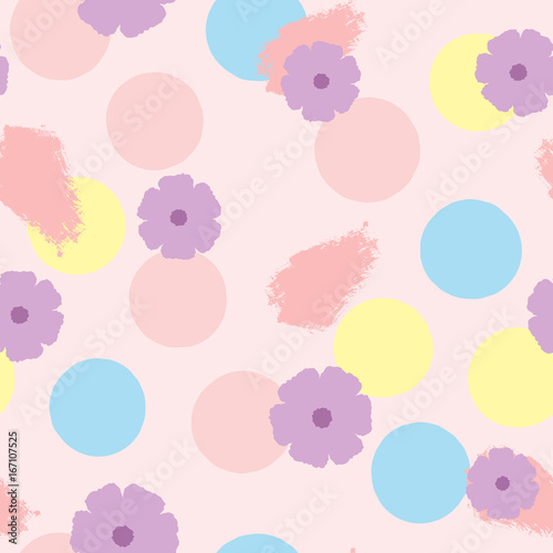 Seamless pattern with flowers, circles and brushstrokes. Drawn by hand. Watercolor, ink, sketch. Pastel. Purple, pink, yellow, blue color.
