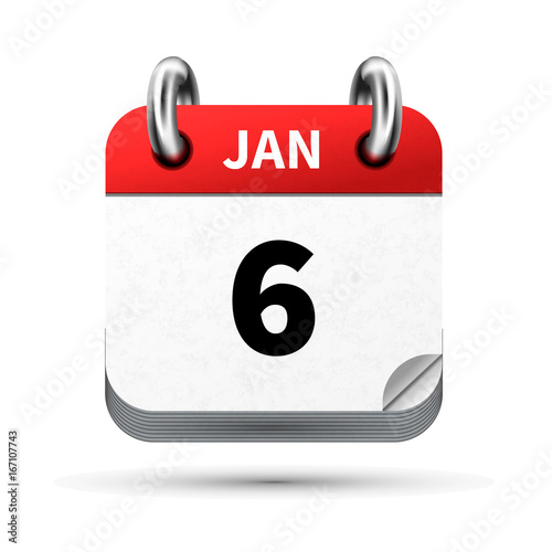 Bright realistic icon of calendar with 6 january date isolated on white